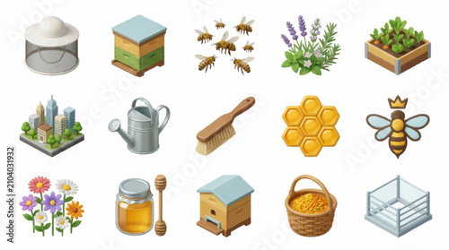 Tableau sur toile Colorful flat design beekeeping and gardening icons set.
