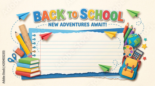 back to school paper cut background with supplies and lined paper copy space