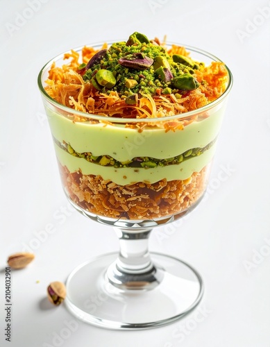 Gourmet Pistachio Kunafa Dessert Parfait Served in an Elegant Glass Cup with Crunchy Shredded Pastry and Creamy Layers