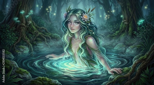 Fantasy illustration of a beautiful water nymph in a magical, glowing enchanted forest pond.