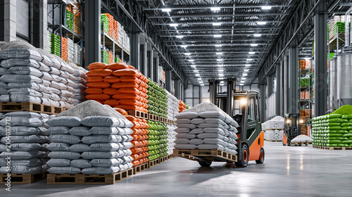 AI generator images of Large agricultural products warehouse, pallets of blank fertilizer bags, seed bags and feed sacks stored neatly in a modern logistics center, forklifts transporting goods, organ