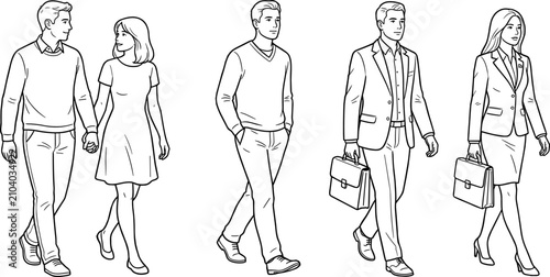 Hand drawn line art illustration of diverse people walking featuring a casual couple and business professionals commuting