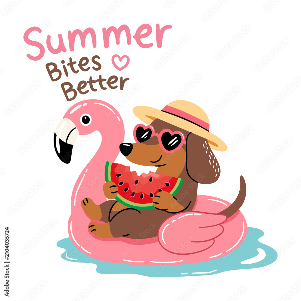 Obraz premium Summer bites better cute dachshund relaxing on pink flamingo float with watermelon slice and sunny vacation typography illustration