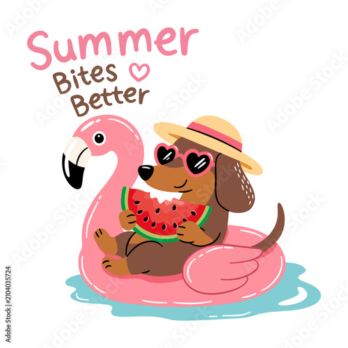 Summer bites better cute dachshund relaxing on pink flamingo float with watermelon slice and sunny vacation typography illustration
