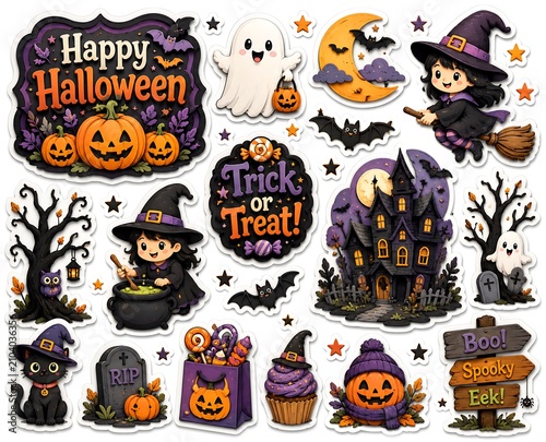 Cute Halloween Sticker Collection with Haunted House Witch Ghost Pumpkin Black Cat and Spooky Elements