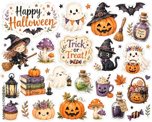Cute Watercolor Halloween Sticker Collection with Ghost Witch Pumpkin Black Cat Magic Potion and Autumn Elements