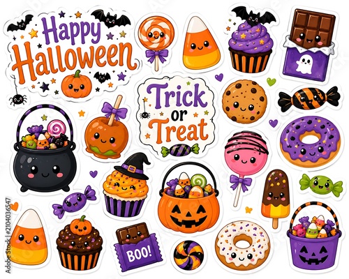 Cute Halloween Sweet Treat Sticker Collection with Candy Pumpkin Cupcakes Donuts Cookies and Trick or Treat Elements