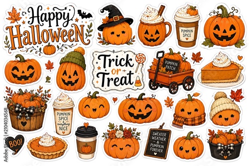 Cute Autumn Halloween Sticker Collection with Pumpkin Spice Coffee Pumpkins Pie Wagon and Cozy Fall Elements