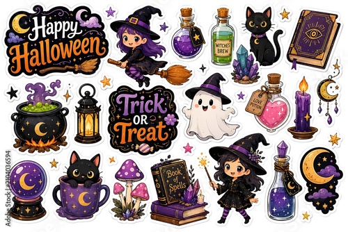 Cute Halloween Witch Sticker Collection with Magic Potions Ghost Black Cat Spell Book and Mystical Elements