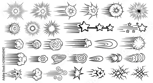 Set of comic book speed lines and impact effects, hand-drawn vector elements for action design