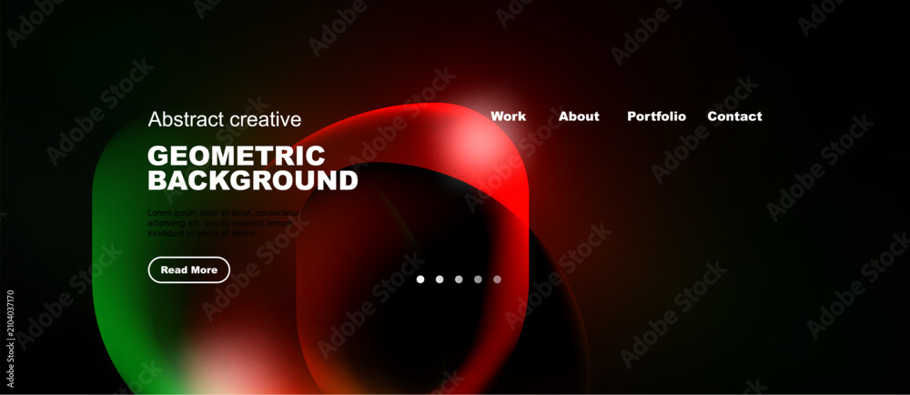 Fototapeta premium Dark background features vibrant geometric shapes, text elements, navigation menu. Modern design suitable for website header or banner.