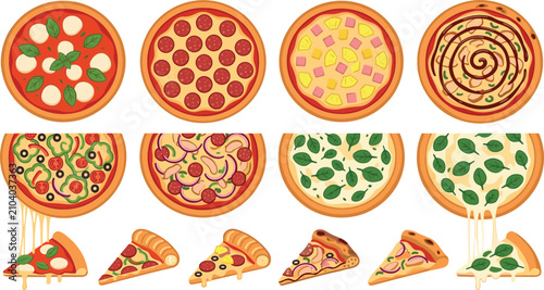Foto Delicious pizza vector element set with margherita pepperoni hawaiian vegetarian