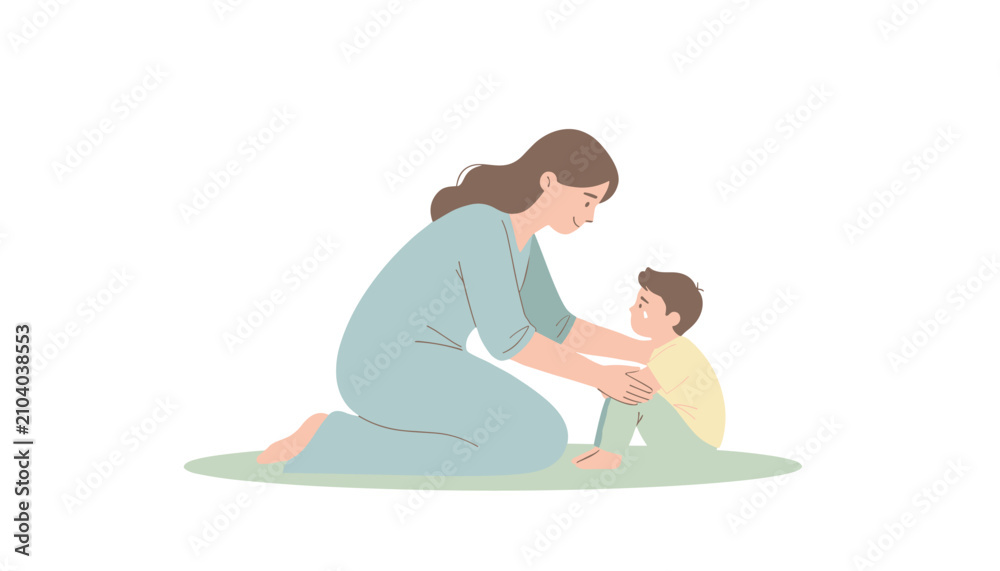 Fototapeta premium Caring mother kneeling down on grass to comfort her crying little boy with a gentle touch in a heartwarming flat illustration.