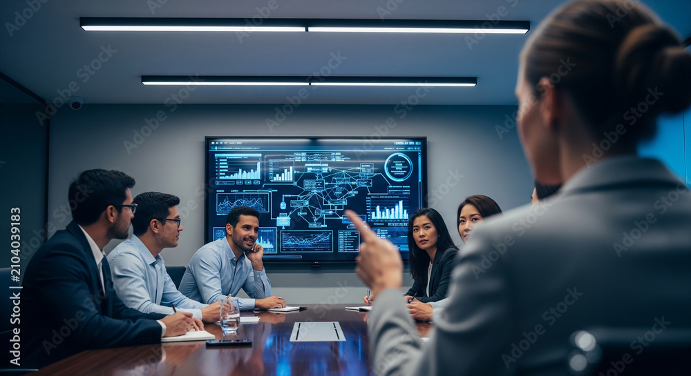Naklejka premium Businessman gesturing toward a large data screen while addressing his team, illustrating strategic analysis and confident