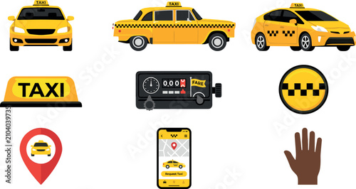 Quadro su tela Yellow Taxi and City Cab Service Vector Icon Set with Modern Car, Vintage Sedan,
