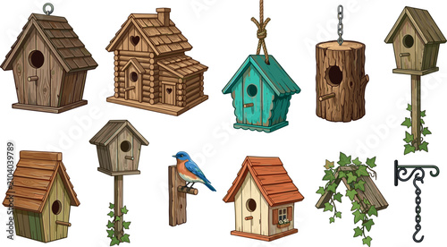 Foto Wooden Birdhouse and Garden Nesting Box Vector Icon Set with Bluebird, Log Cabin