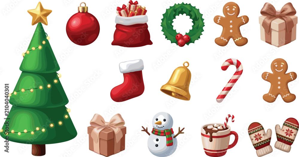Naklejka premium Christmas Holiday Vector Icon Set Featuring Tree, Gingerbread Man, Snowman, Gifts, and Winter Festive Elements for Seasonal Celebrations and Greeting Card Designs