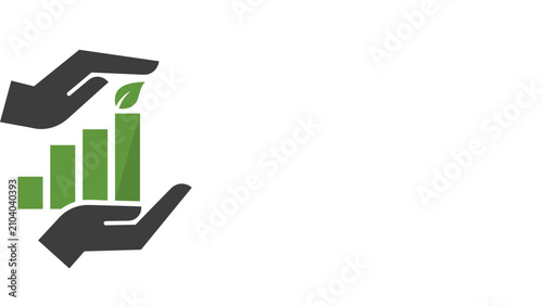 Vector illustration of hand icon representing sustainable business growth with green bars and leaves, on a white background