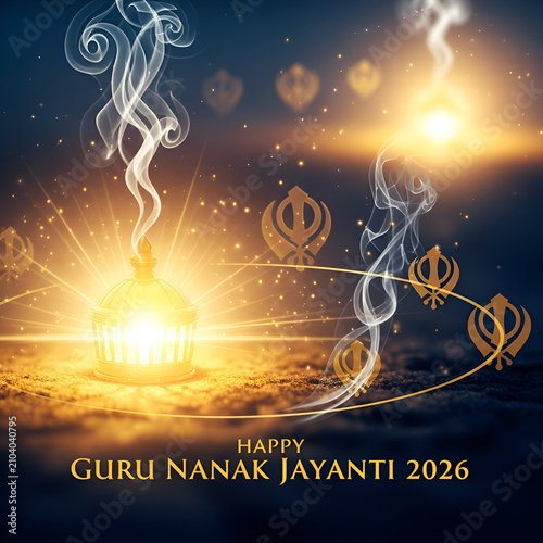 Guru Nanak Jayanti Celebration: Illuminated Lamp & Khanda Symbol, Festive Lights