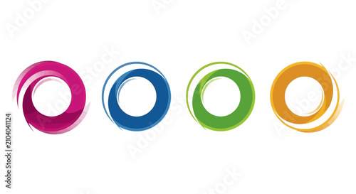 Four colorful abstract round spiral ring logo templates in vibrant shades of pink, blue, green, and orange