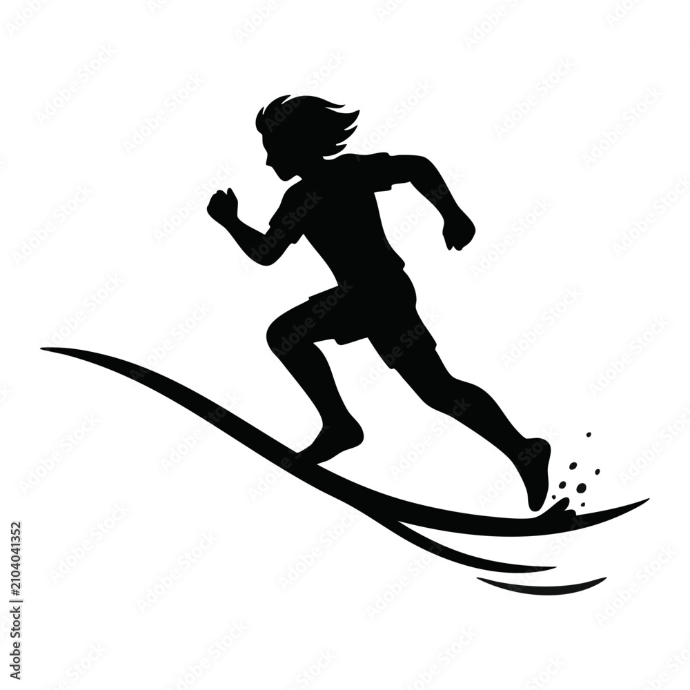 Obraz premium Youth running down sand dune silhouette. Teenager sprinting on slope with wind in hair. Vector illustration isolated on transparent background