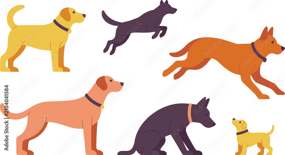 Obraz premium Playful dogs flat vector illustration. Six canine companions of various breeds display active poses like running, jumping, sitting, standing, and playing together.