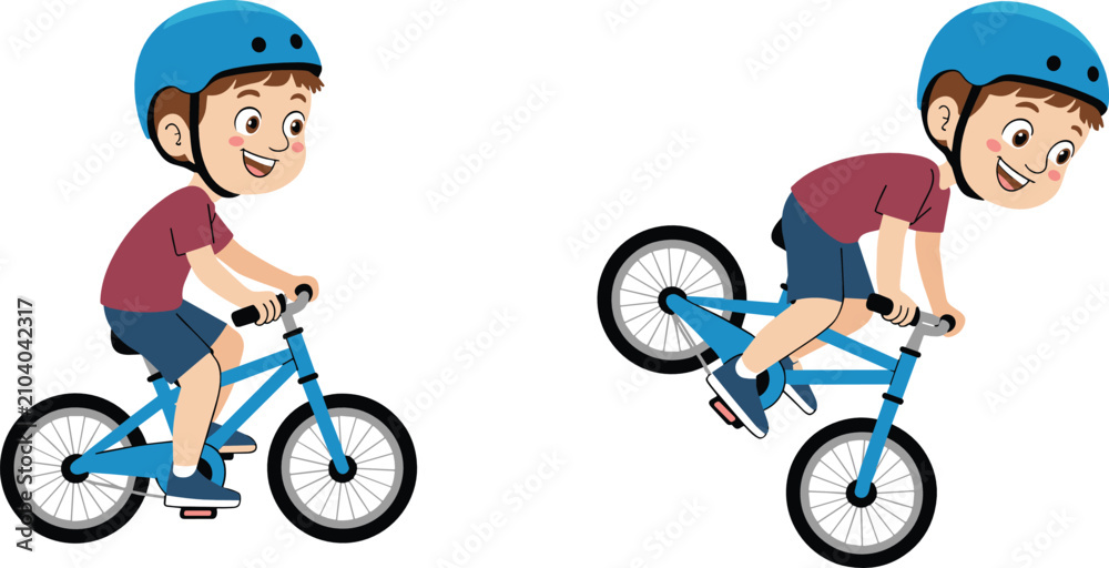 Obraz premium Bicycle stunt flat vector illustration. A happy boy wearing a blue helmet rides a matching bike normally and pops a daring wheelie trick.