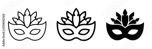 Masquerade Masks, Venetian Carnival Icons, Festive Party Symbols, Black and White Vector Graphics