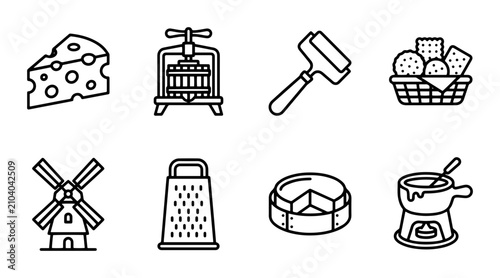 Cheese Making Icons: Dairy Production, Fondue Set, Grater, Press, Mill, Food Basket