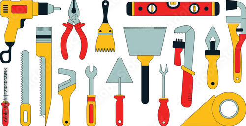 Construction tools flat vector illustration. A yellow power drill, pliers, level, wrenches, trowel, saws, and screwdrivers form a home renovation instrument set.