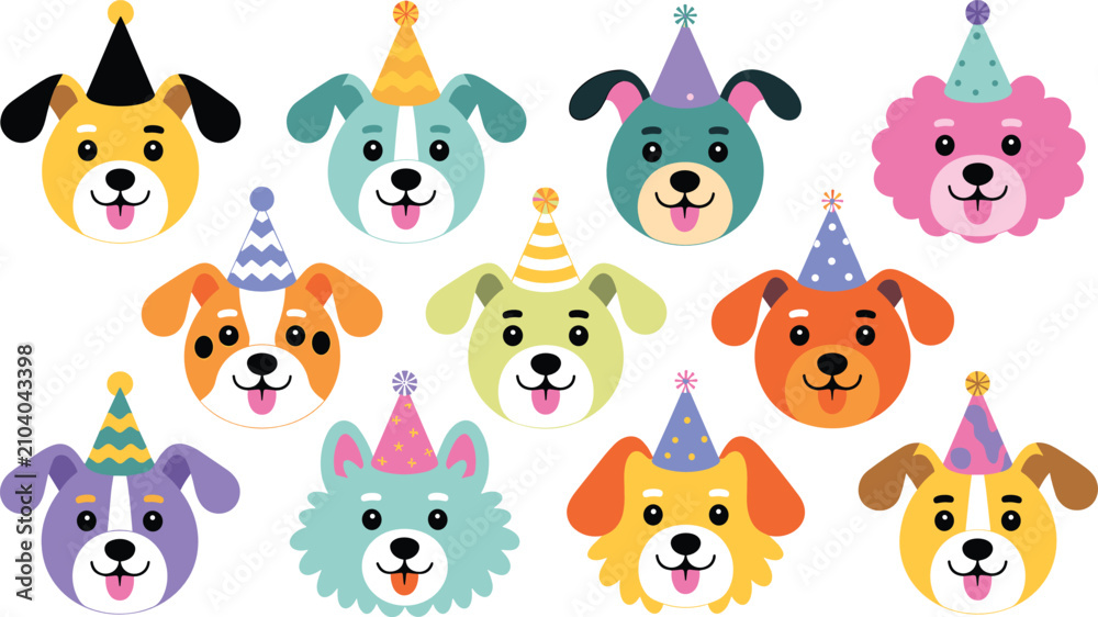 Naklejka premium Dog faces flat vector illustration. Eleven cute cartoon puppy heads wear colorful conical birthday hats with playful festive patterns.