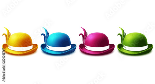 Konstfotografi Colorful glossy bowler hats with decorative plumage for festive events and creat
