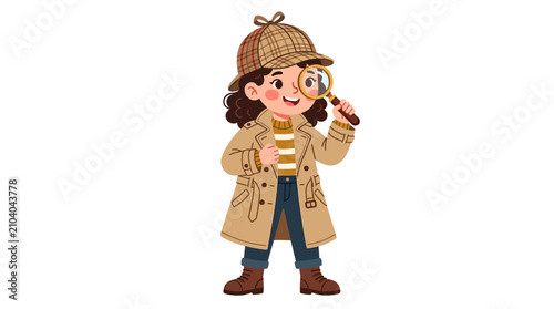 Cartoon Girl Detective with Magnifying Glass.
