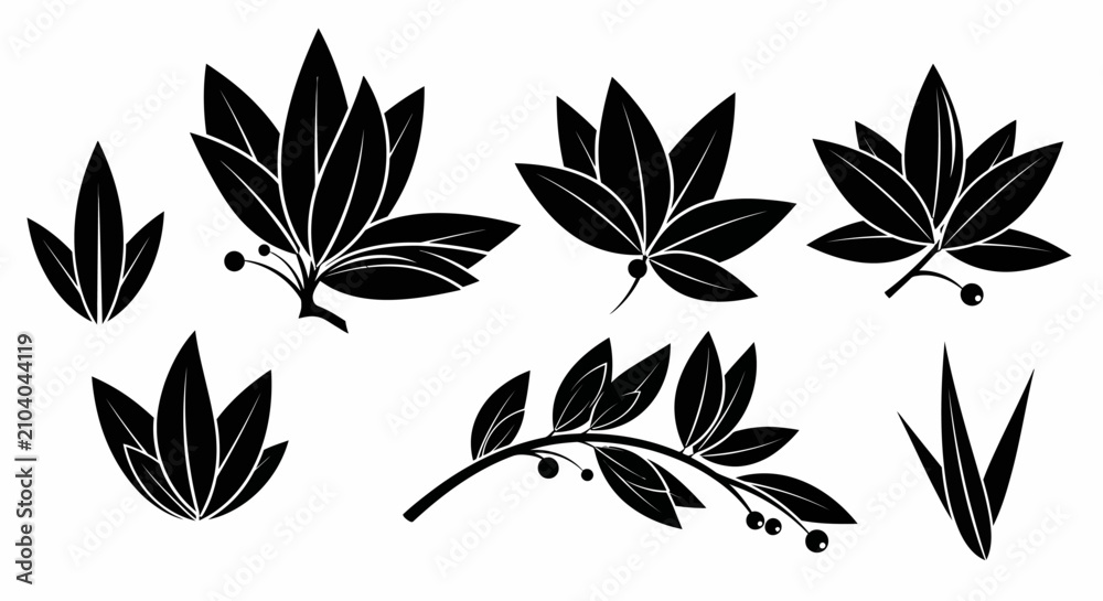 Obraz premium Black Laurel Leaf Silhouettes and Botanical Branch Elements Set