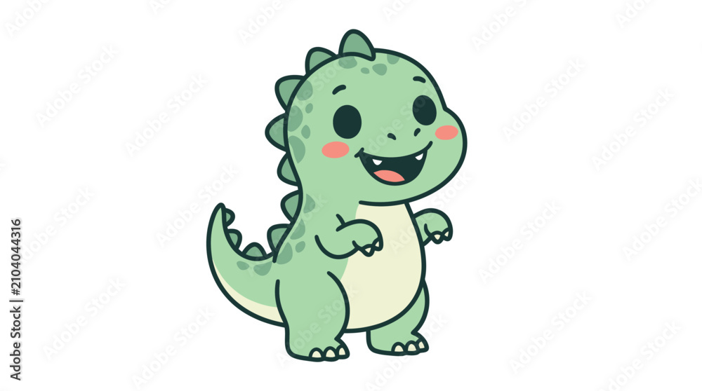 Obraz premium Cute Cartoon Green Dinosaur Character Smiling.