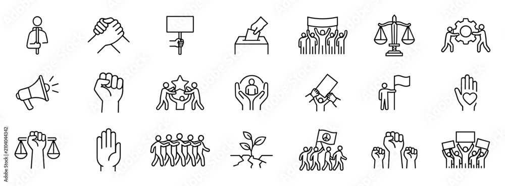 Fototapeta premium Set of outline activism and protest icons symbolizing justice, unity, voting, support, equality, peace, and social change on transparent background