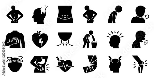Photography Set of black medical icons representing various symptoms and pains including bac