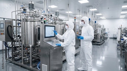 Scientists in protective suits monitoring vaccine production in lab facility