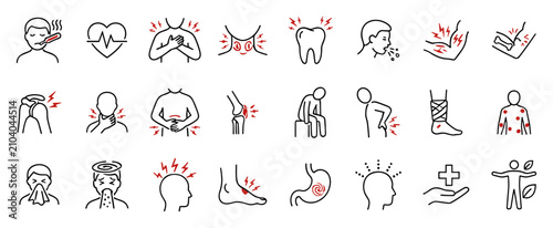Set of medical and health icons illustrating symptoms, pain points, and health conditions in simple line style with red highlights on transparent background