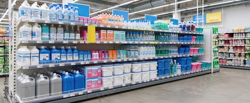 Cleaning tools neatly arranged on shelves in a well-lit store, highlighting seasonal spring cleaning promotions.