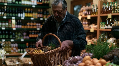An older man carefully selects fresh produce and nuts from a wicker basket at a well  ed grocery store