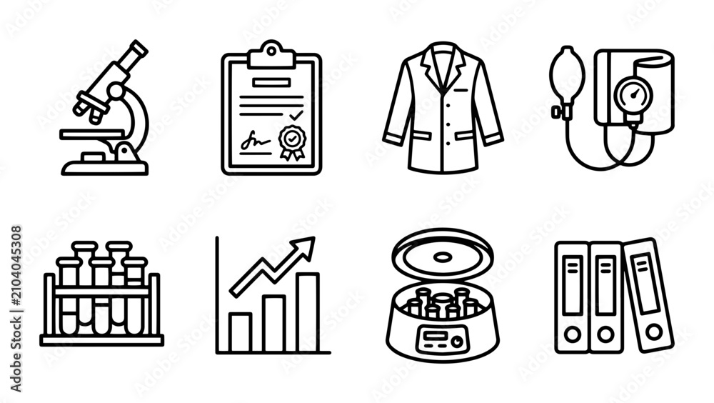 Fototapeta premium Medical Science Icons Set: Lab Equipment, Research, Healthcare, Clinical Tools, Vector Graphics