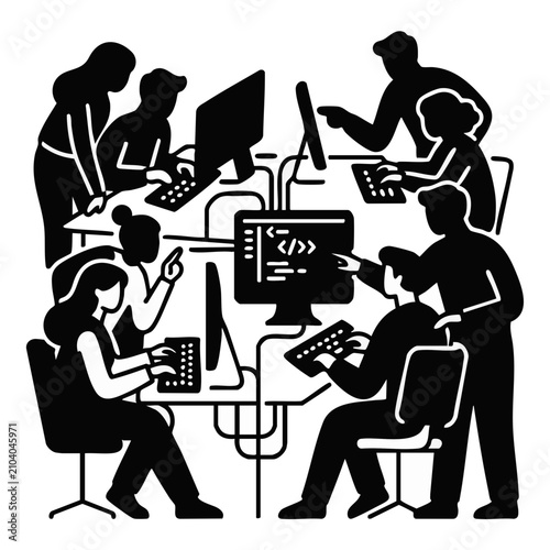 Teenagers in computer coding club. Silhouette vector illustration of young programmers collaborating on software development. STEM education concept isolated on transparent background