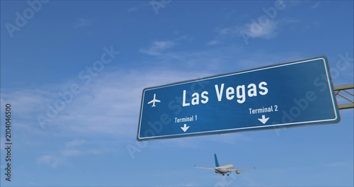 Airplane landing in Las Vegas. Plane travel to Nevada USA, United States arrive with airport signboard.