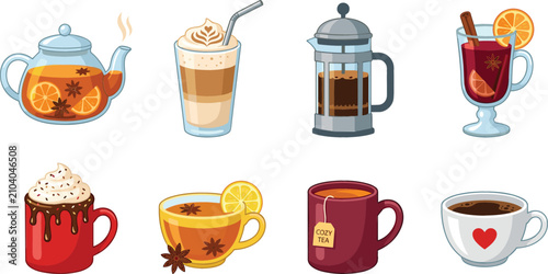 Fotografía Hot winter drinks cozy beverage vector icon set with tea, coffee, mulled wine, h