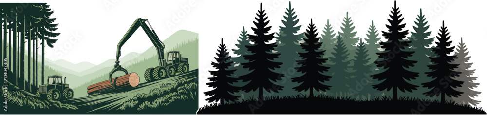 Obraz premium Logging machinery working in a pine forest with forestry equipment loading large timber logs and heavy duty