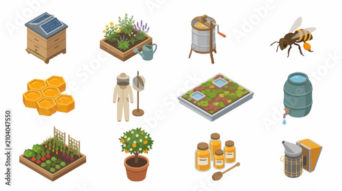 Tableau sur toile Colorful illustration of beekeeping and gardening elements.