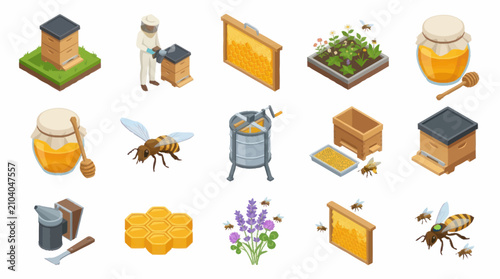 Bilde på lerret Colorful flat lay illustration of beekeeping and honey production elements