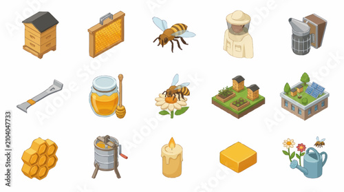Bild auf Leinwand Colorful flat vector icons of beekeeping and honey production.