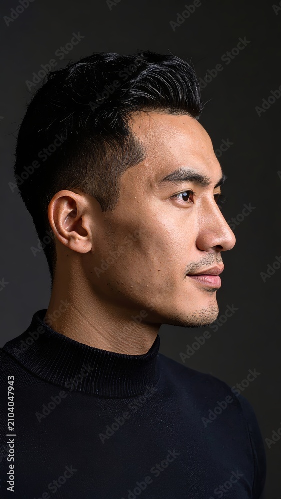 Obraz premium Handsome asian man in profile portrait against a dark background, studio shot
